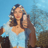 Coachella Music Festival Outfits Puff Sleeve Wooden Ear Solid Color off-Shoulder Short Chiffon Shirt
