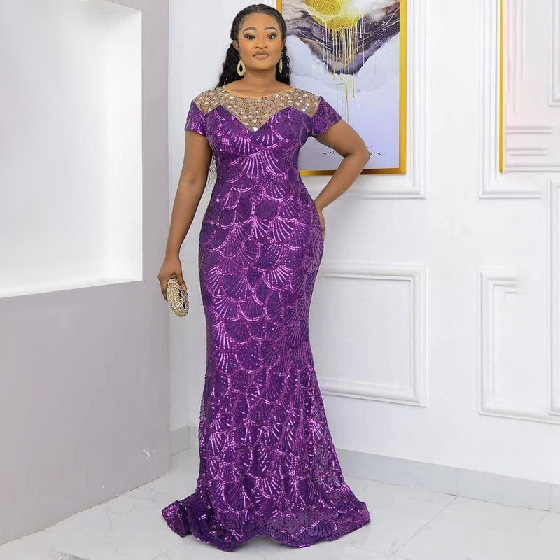 African Dashiki Dress plus Size Women's round Neck Lace Slim Dress