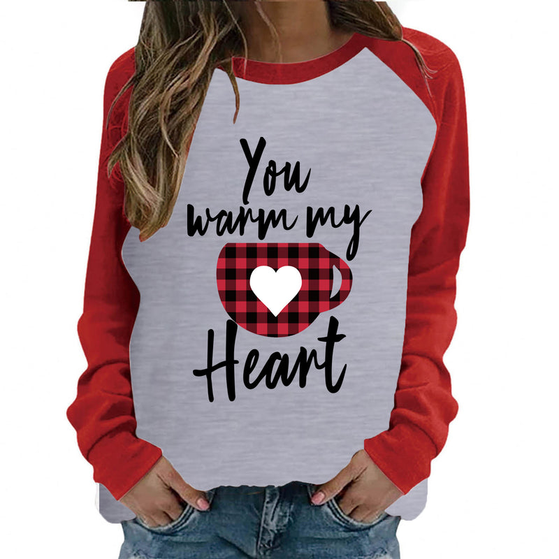 Valentine's Day T Shirt Long Sleeve Women's You Warm My Heart Heart Printing Raglan Long Sleeve T-shirt
