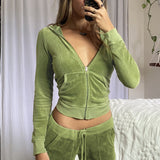 Velour Tracksuit Solid Color Velvet Slim Fit Sports Suit Zipper Hooded Long Sleeve Coat