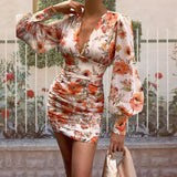 Coachella Music Festival Outfits Printed V-neck Long Sleeve Narrow Tight Skirt
