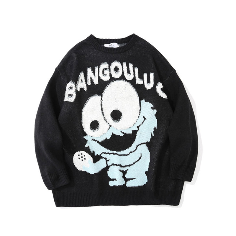 Men Sweater Cartoon Fun Spoof Brocade Sweater Men's Loose round Neck Sweater