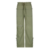 Julia Fox Low Rise Jeans Hot Girl Waist Drawstring Zipper Pocket Loose All-Match Casual Ankle-Tied Woven Retro Trousers