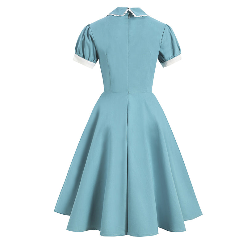 Regency Dress Court Tight Waist Green Doll Collar Lace Light Dress Short Sleeve