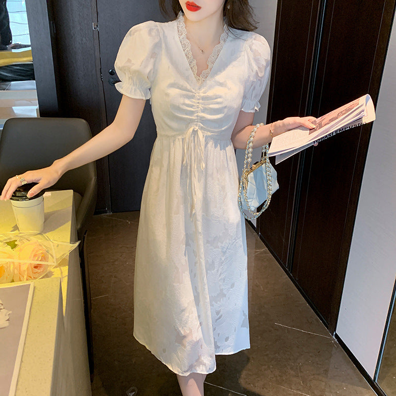 Regency Dress Palace Style V-neck Puff Sleeve Cinched Slimming Long Dress