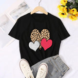 Valentine's Day T Shirts Couples Leopard Print Heart Printing Women's Pullover Short Sleeve T-shirt