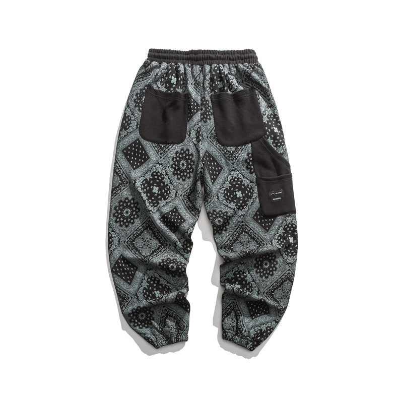 Man Fall Outfis Autumn Vintage Paisley Stitching Ankle-Tied Sweatpants Boys Loose Casual Pants