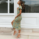 Coachella Music Festival Outfits Square Collar Short Sleeve Printed Waist-Controlled Vintage Sheath Dress