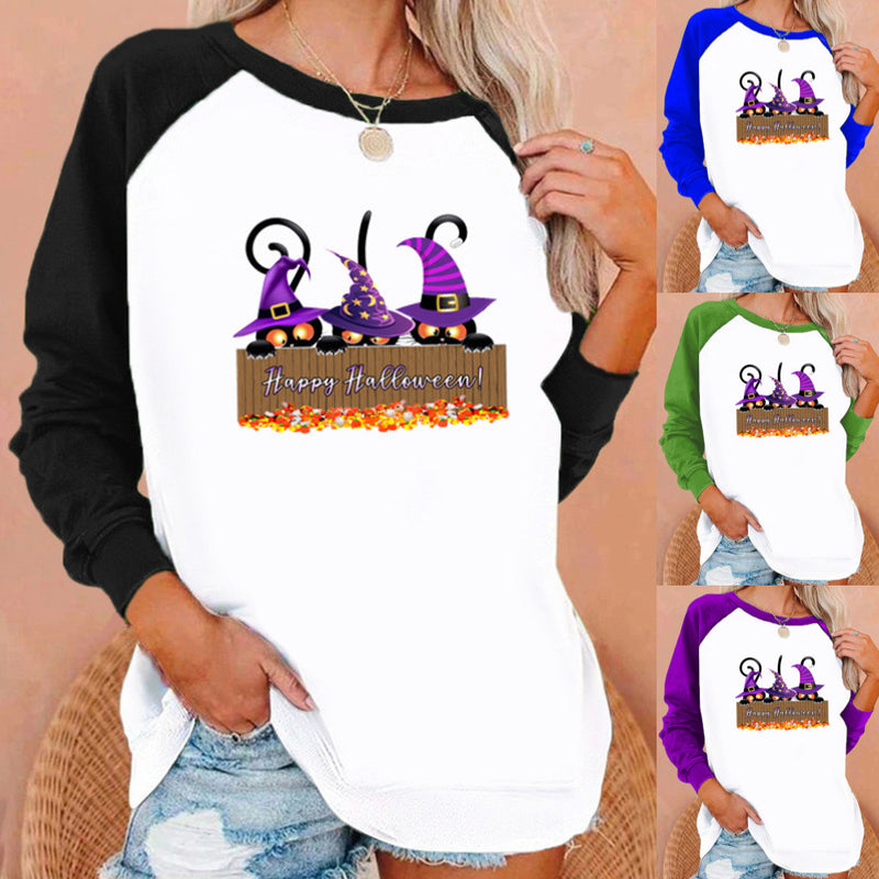 Halloween Costumes Cat Printing Capless Round Neck Contrast Color Sweatshirt Women