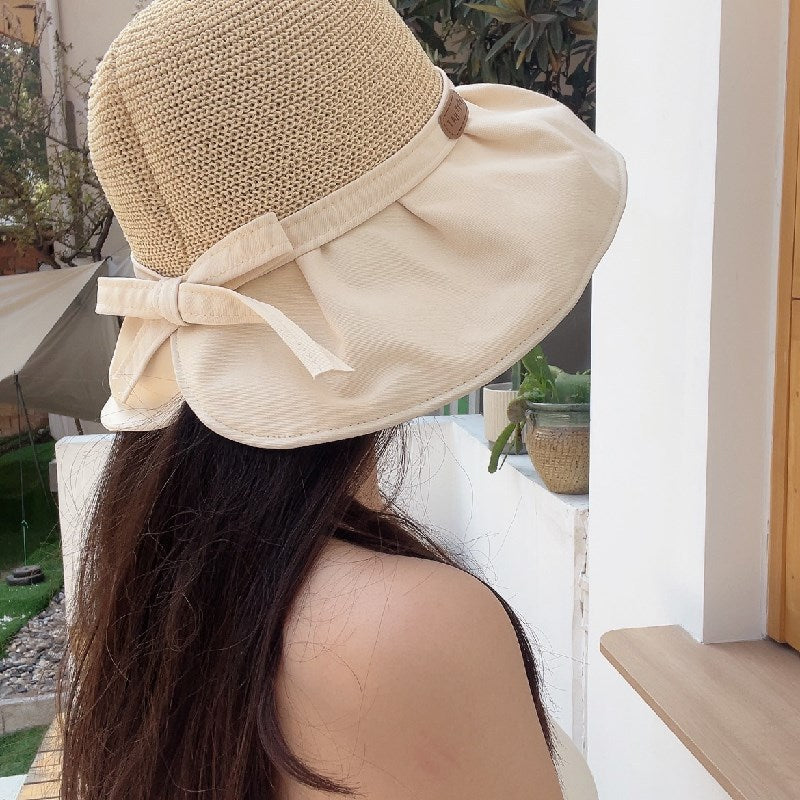Women Bucket Hat Bowknot Sunshade Hollow-out Straw Hat