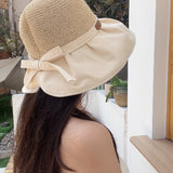 Women Bucket Hat Bowknot Sunshade Hollow-out Straw Hat