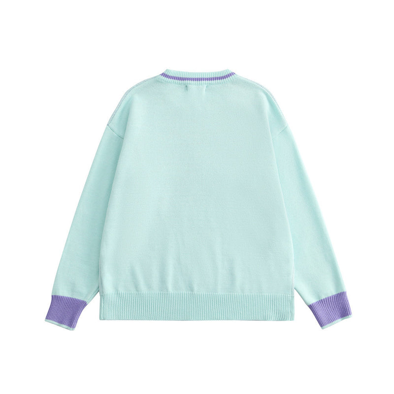 Men Sweater Contrast Color Jacquard Knitted Sweater Men's Loose round Neck Sweater