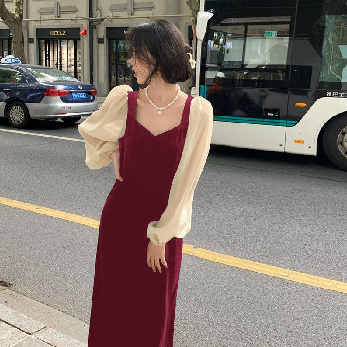 Blue Velvet Dress Waist Slimming Square Collar Puff Sleeve