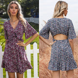 Coachella Music Festival Outfits Summer Floral Print Short Sleeve Backless Ruffle Dress for Women