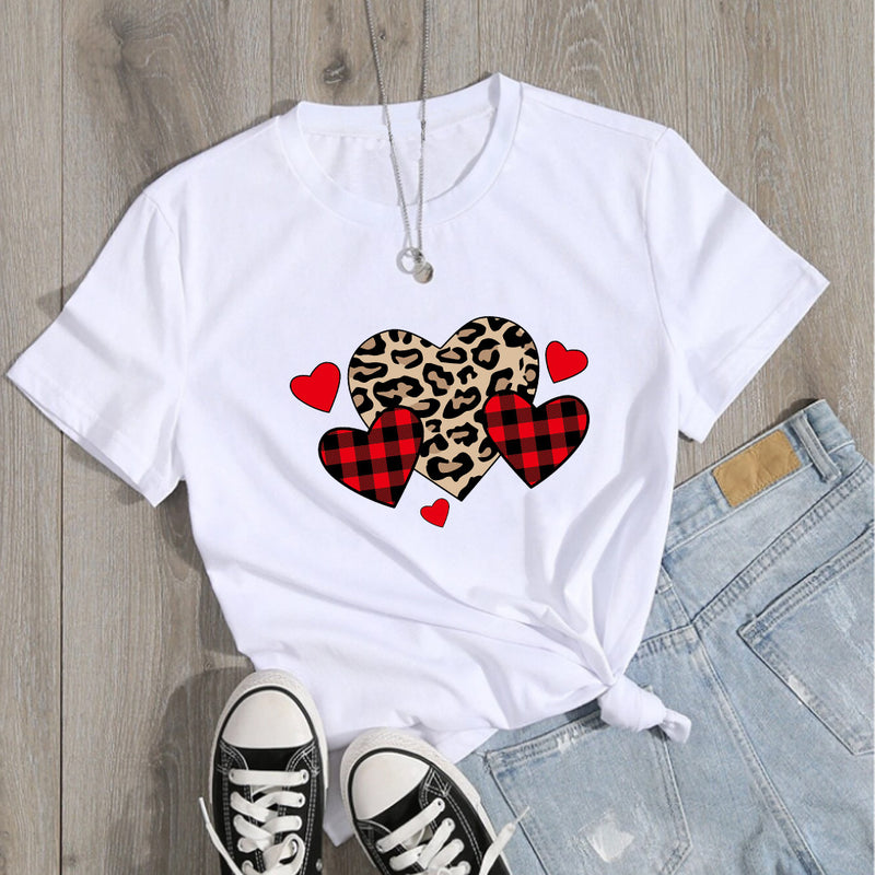 Valentine's Day T Shirts Couples Leopard Print Heart Printing Women's Pullover Short Sleeve T-shirt