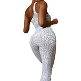 Summer Women's Sexy Mesh Flocking Leopard Print One-Shoulder High Waist Tight Sports Jumpsuit