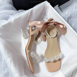 Nude Low Block Heel Bow Rhinestone Holiday Sandals