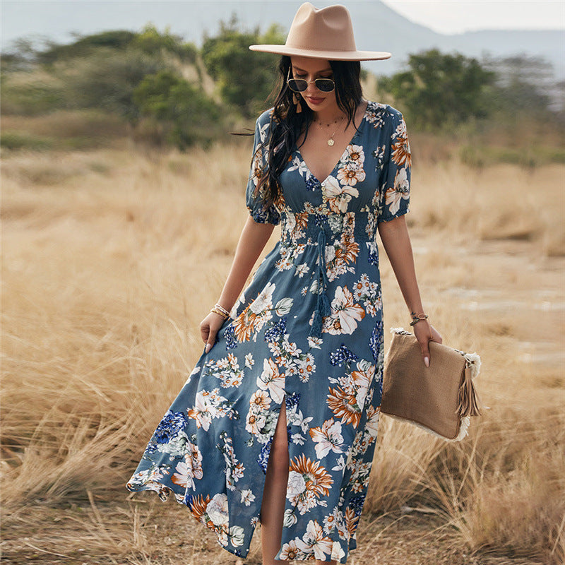Coachella Music Festival Outfits Summer Print Short Sleeved Black Dress Beach Dress Waist Dress