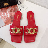 Finn Chain Pointed Toe Mule Summer Flat Metal Buckle Retro Square Toe Sandals for Women