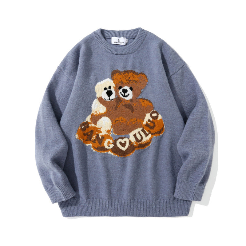 Men Sweater Cartoon Bear Jacquard Sweater Men's round Neck Sweater Loose Pullover