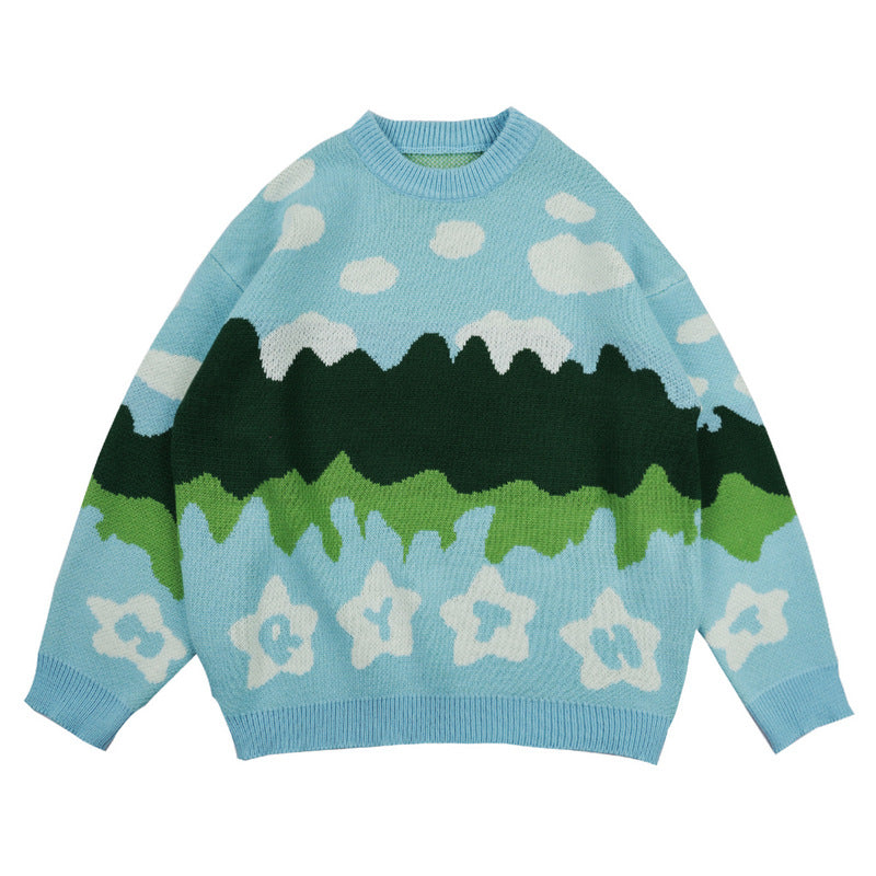 Man Fall Outfits Vintage Cartoon Small Flower Pattern Sweater Men and Women Loose Casual Coat