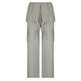 Julia Fox Low Rise Jeans Simple Fake Two-Piece Drawstring Trousers Casual Straight-Leg Pocket Overalls