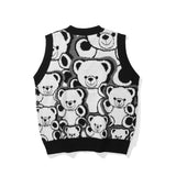 Men Sweater Cartoon Bear Jacquard Knitted Vest Outer Wear Men's Loose V-neck