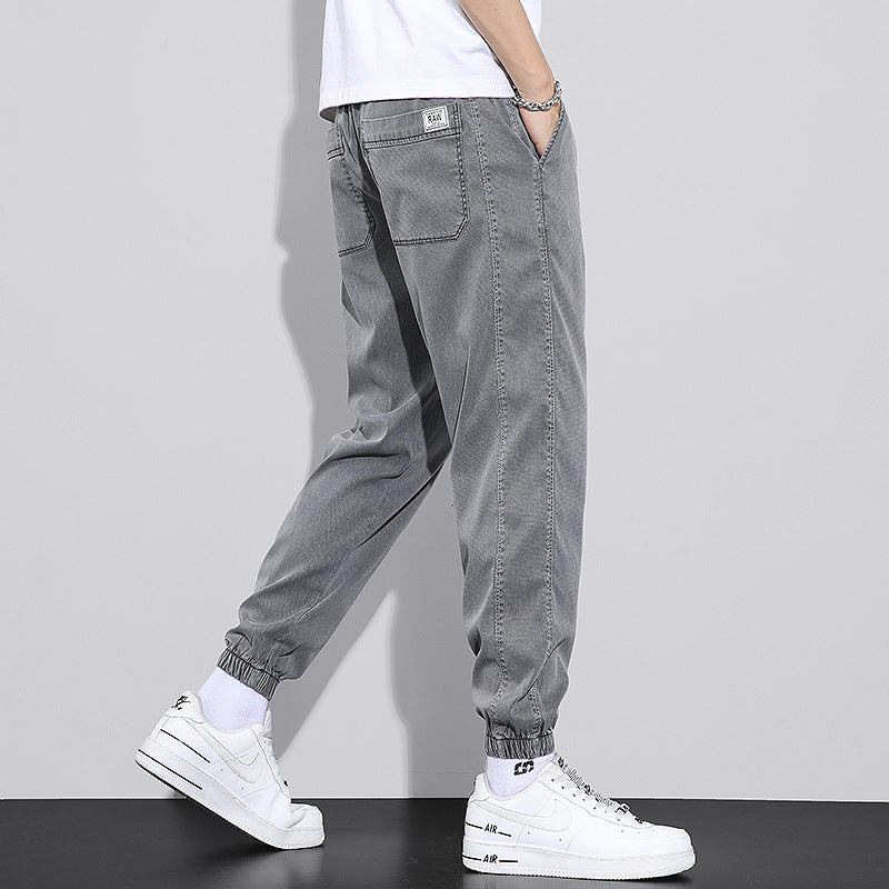 Cuffed Cargo Pants Tencel Cropped Jeans Summer Loose Tappered Breathable Thin Casual Ice Silk Workwear Pants Men