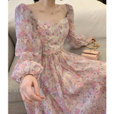 Regency Dress Square Collar Premium Floral Slim-Fitting Long Dress