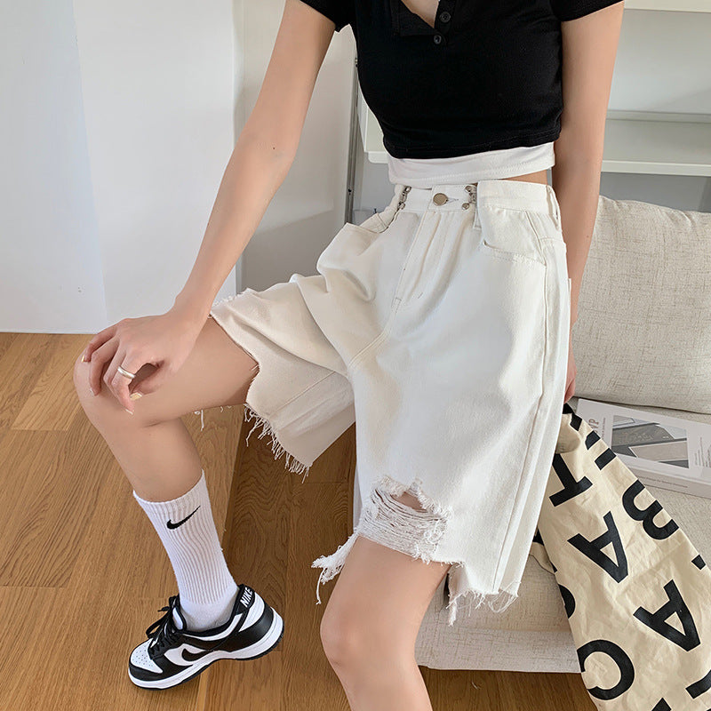 High Waisted Shorts White Wide Leg Pants Adjustable Iron Button Ripped Denim Shorts