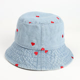 Denim Bucket Hat Fishing Cap Cotton Print Fisherman Hat Red Love Heart Embroidery Vintage Fashion