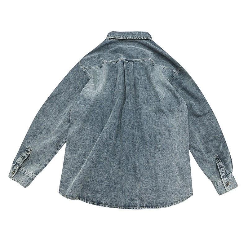 Men Denim Jackets Distressed Workwear Shirt Coat Retro Simple