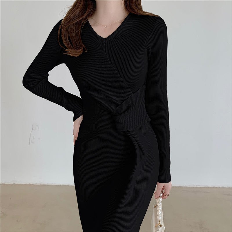 Long Sleeve Burgundy Dress Formal Woolen Skirt Long Dress Inner Sweater Women's Autumn and Winter Dress
