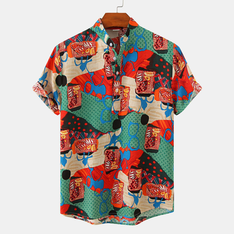 Camp Collar Shirt Short Sleeve Shirt Plaid Printed