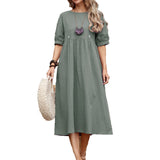 MIDI Mauve Cocktail Dress Pullover Solid Color Loose Cotton Hemp Dress