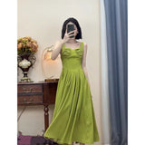 Emerald Green Dress Strap Waist-Tight A- line Square Collar Temperament