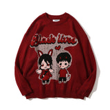 Men Sweater Cartoon Jacquard Sweater Men's round Neck Sweater Boyfriend Harajuku Style Trendy Loose Pullover