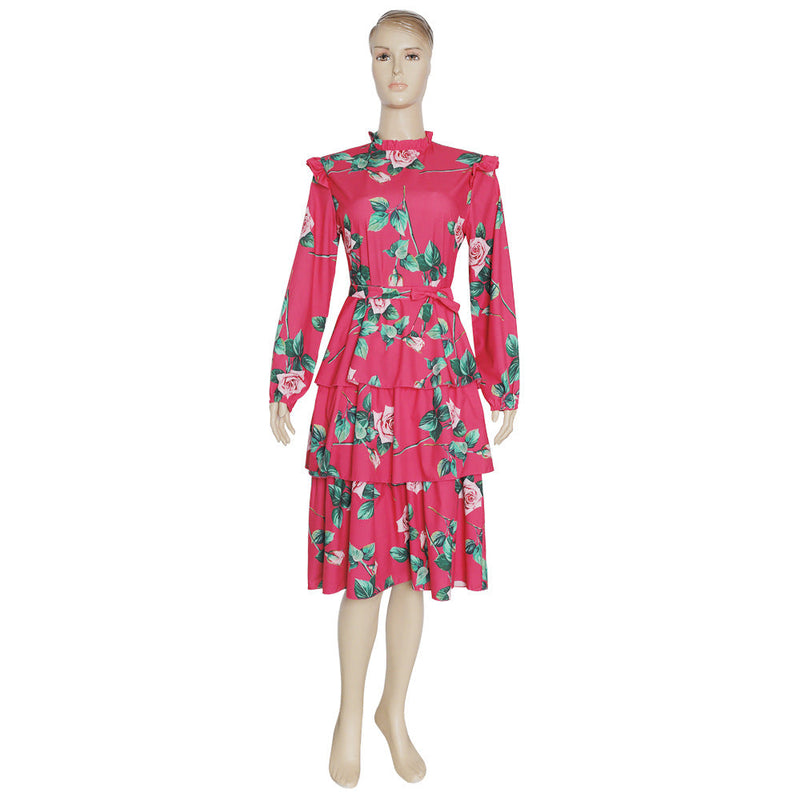 Vintage Floral Print Long Sleeves Holiday Lace-up Dress African Dashiki Ankara Styles Dress
