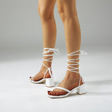 White Strappy Heels Women's Shoes Thick High Heel Toe Covering Lace-up Outdoor Sandals