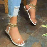 Women Open Toe Sandals Flats Summer Metal Chain Transparent Low Heel Flip-Flops Plus Size