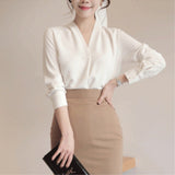 Gloria Vanderbilt Long Sleeve Chiffon V-neck White Shirt
