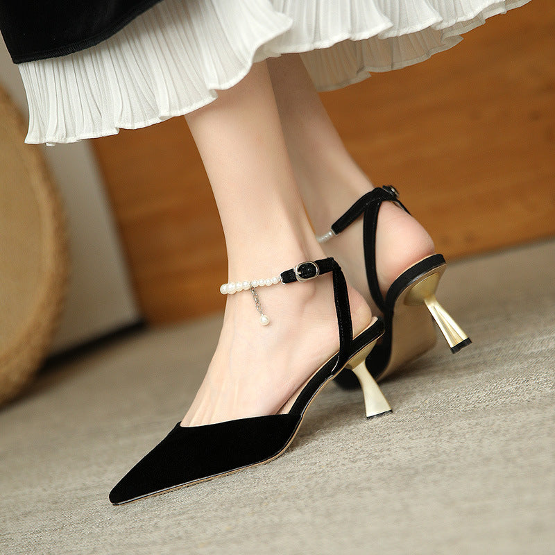 Nude Low Block Heel Toe Cap Pearl Pointed Stiletto Heel
