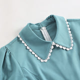 Regency Dress Court Tight Waist Green Doll Collar Lace Light Dress Short Sleeve