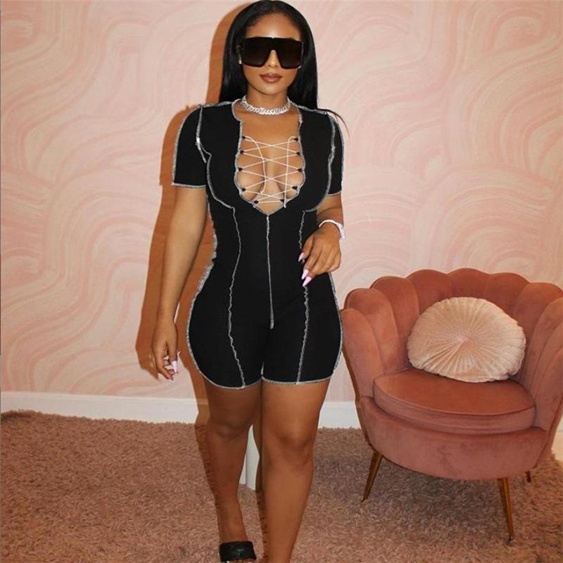 Summer women's personalized line high waist hollow strap sheath casual sports jumpsuit