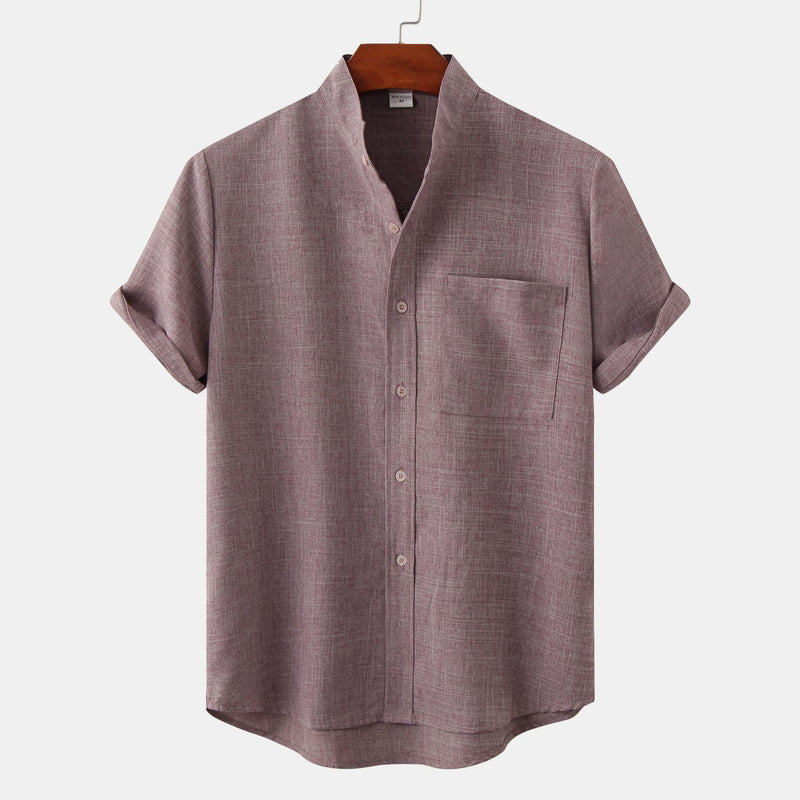 Camp Collar Shirt Short Sleeve Solid Color Cotton and Linen Shirt