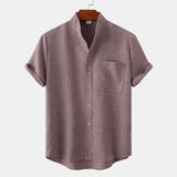 Camp Collar Shirt Short Sleeve Solid Color Cotton and Linen Shirt