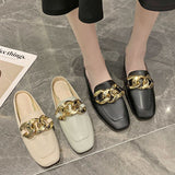 Finn Chain Pointed Toe Mule Closed Toe Half Slippers Women's Summer Square Toe Metal Buckle Low Heel Slippers