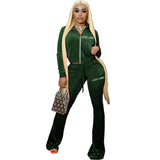 Velour Tracksuit Sexy Letters Embroidery Exposed Navel Bell-Bottom Pants Two-Piece Suit