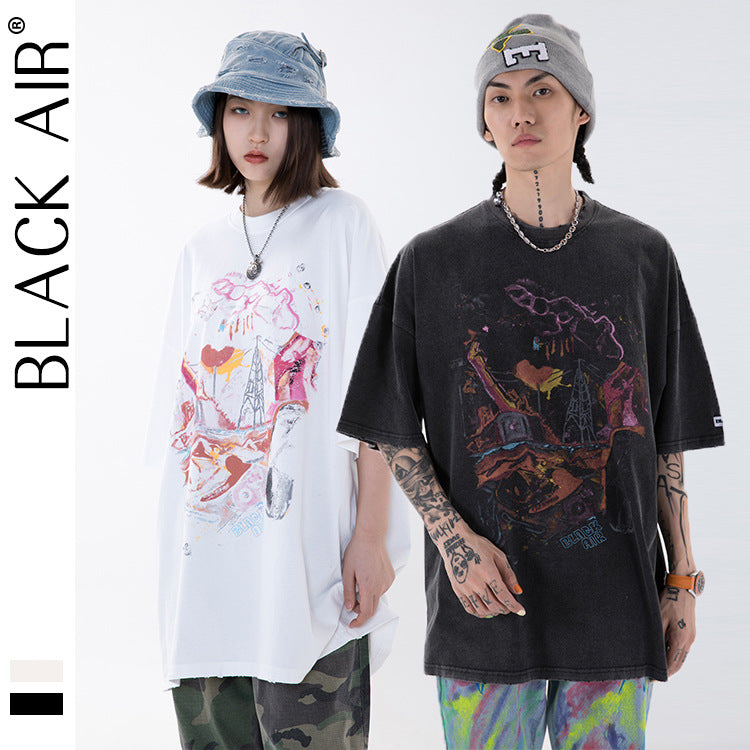 Y2g Shirts for Boys Spring/Summer Washed and Worn Printed Short Sleeve Retro T-shirt for Men