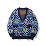 Men Sweater Cartoon Bear Jacquard Cardigan Sweater Men's Street Loose V-neck Sweater